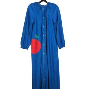 Vtg MODELS COAT Blue Large Red Apple Snap LOUNGE MuuMuu/Housecoat House Dress L